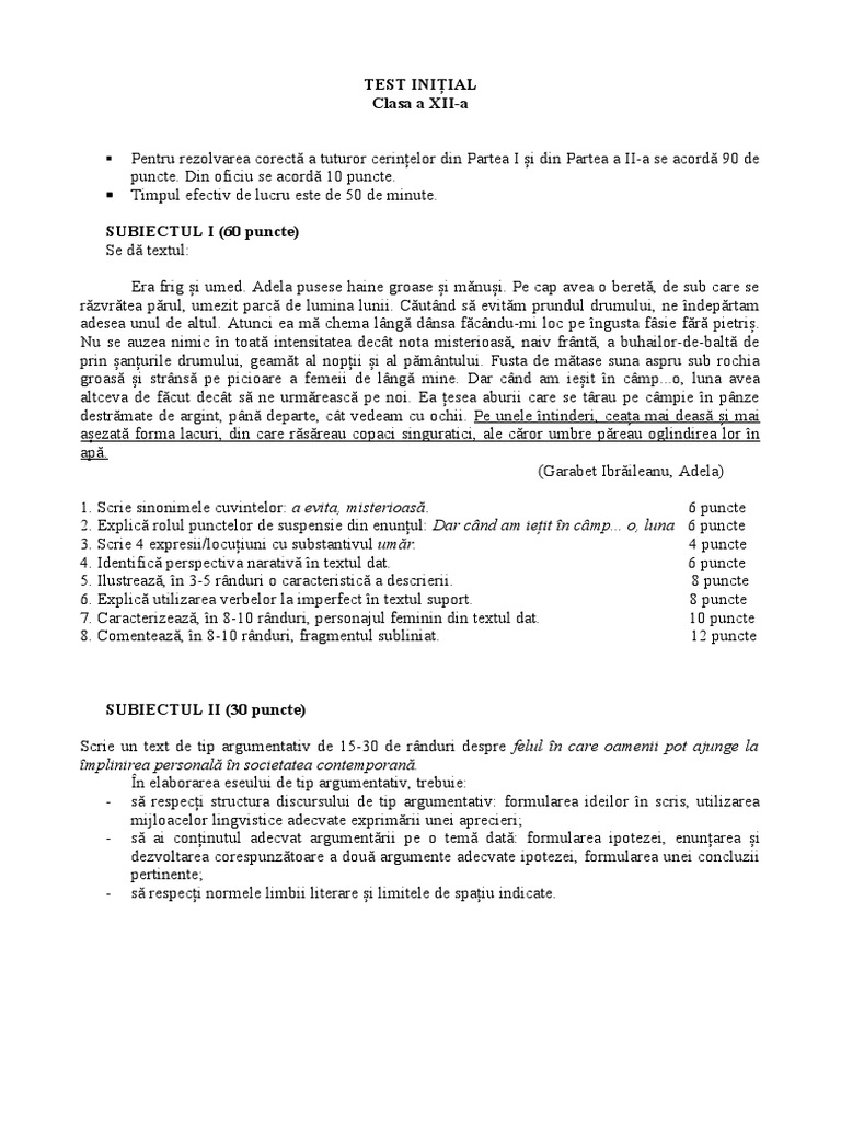 1 Test Initial Clasa A Xiia | PDF