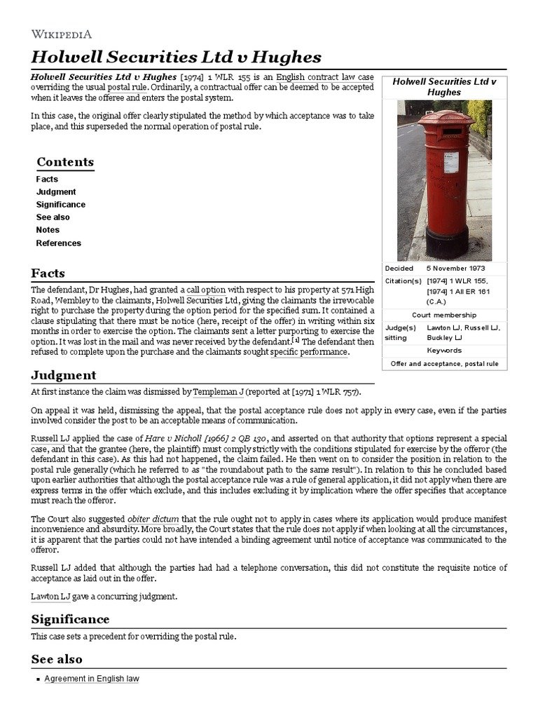 Holwell Securities v Hughes Case Summary PDF Contract Law Law