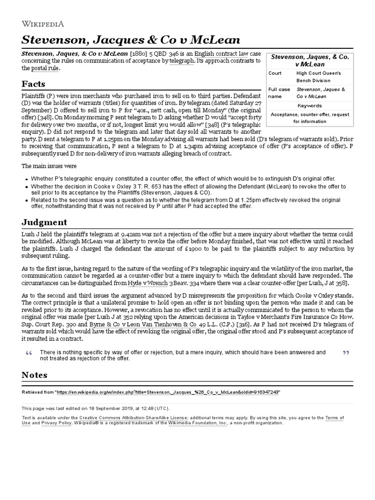 1880 (EC11) Stevenson, Jacques & Co V McLean Wikipedia (Revocation of Offer by Telegram