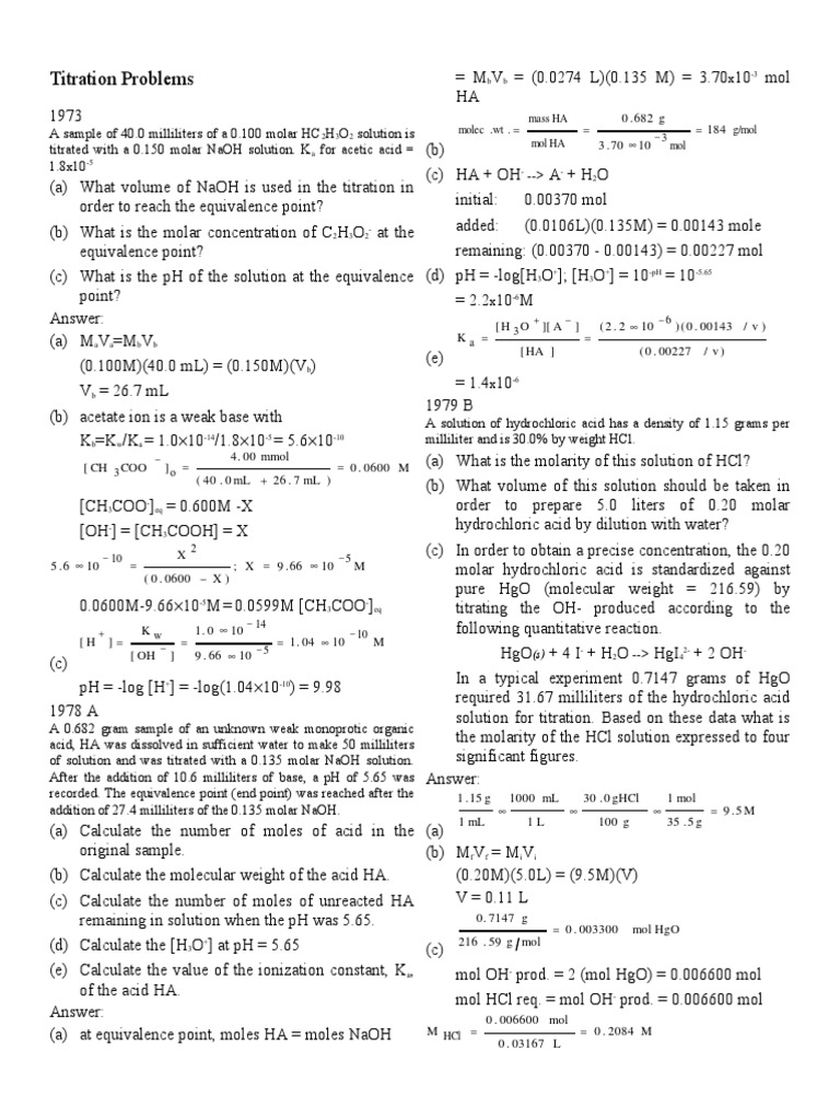 Titration Problems AP Chemistry PDF Titration Chemistry