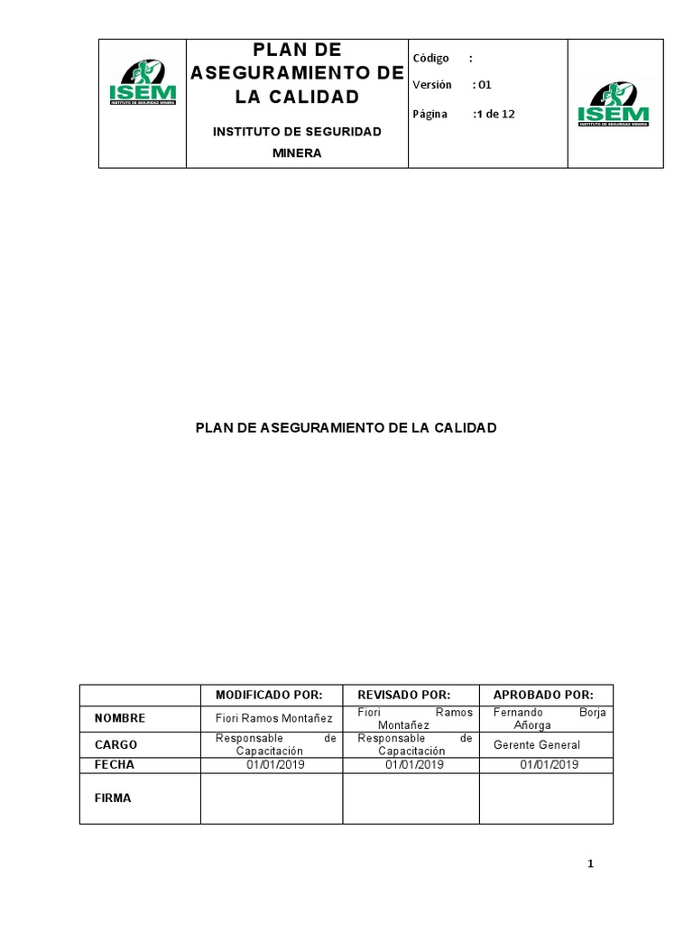 Plan de Aseguramiento de La Calidad | PDF | Sistema de manejo de ...