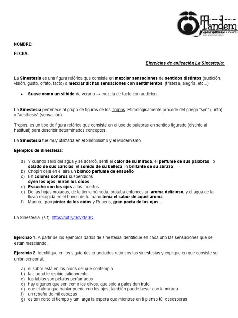 Ejemplos y Ejercicios de Sinestesia | PDF