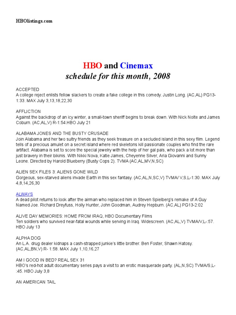 HBO and Cinemax Listings PDF Entertainment (General)