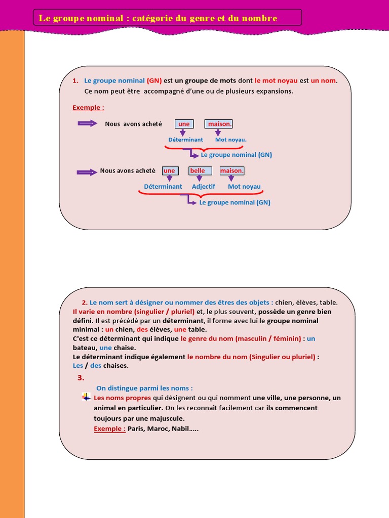 Le Groupe Nominal Categories Du Genre Et Du Nombre Pdf Nom Grammaire Genre Grammatical