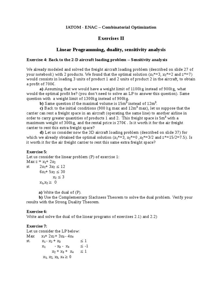Exercises II Linear Programming, Duality, Sensitivity Analysis | PDF ...