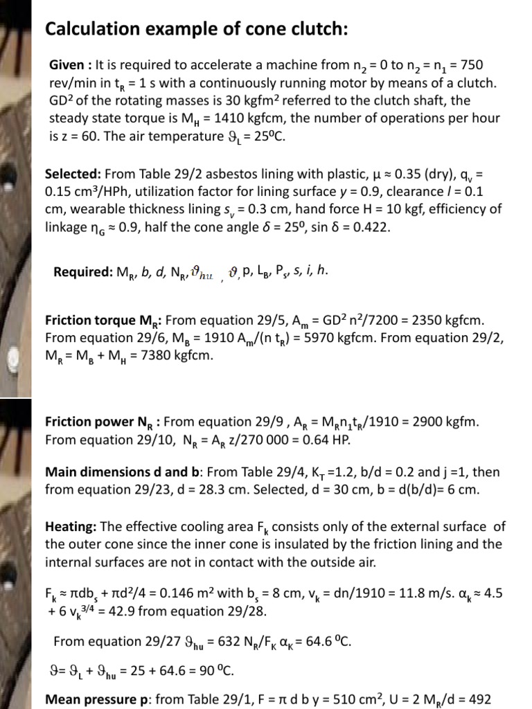 Calculation Example of Cone Clutch Given It Is Required To