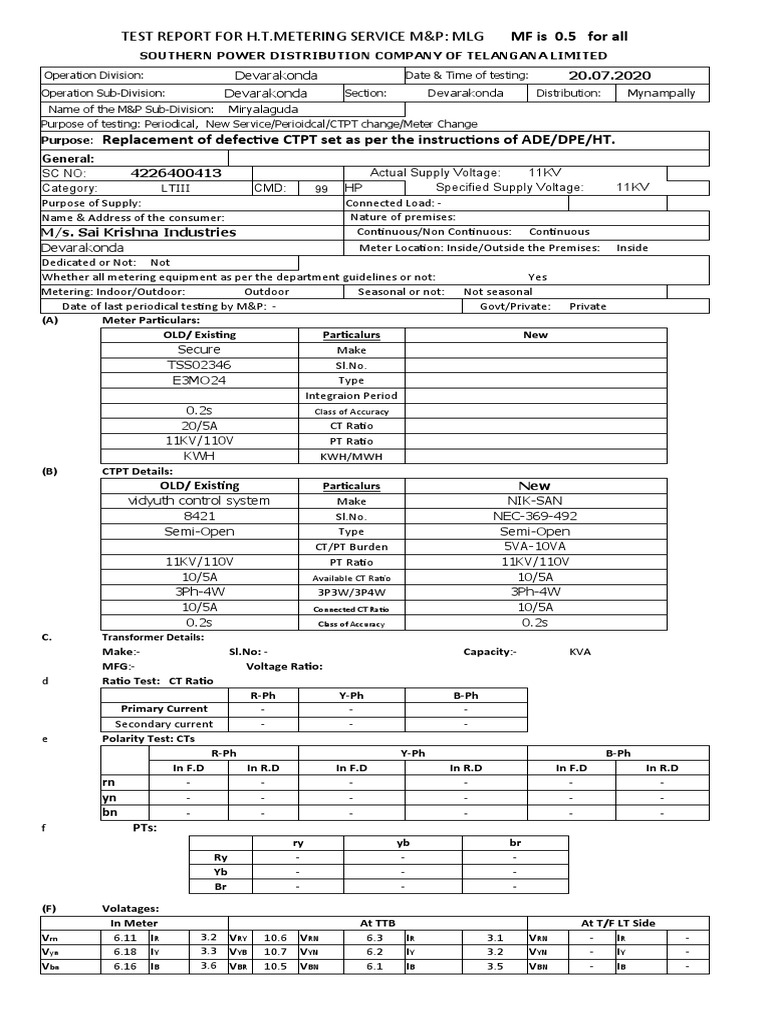 HT Test Reopts July CTPT 2020 | PDF | Metrology | Power (Physics)