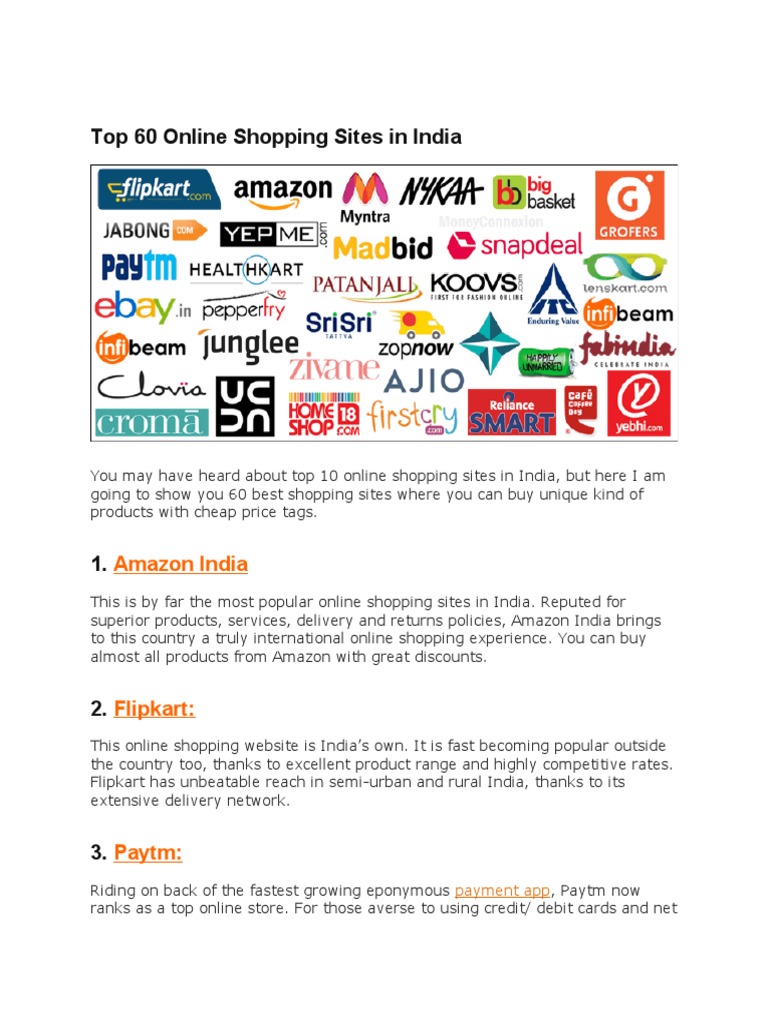 Top 60 Online Shopping Sites in India | PDF | Online Shopping | Retail