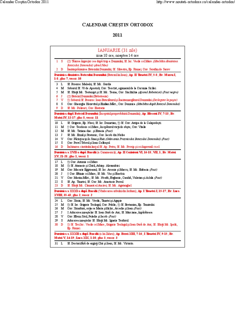 Calendar Crestin Ortodox 2011