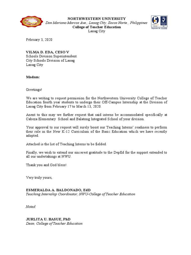 Internship Permission Request for Students | PDF
