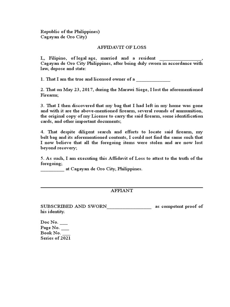 Affidavit of Loss Firearm | PDF
