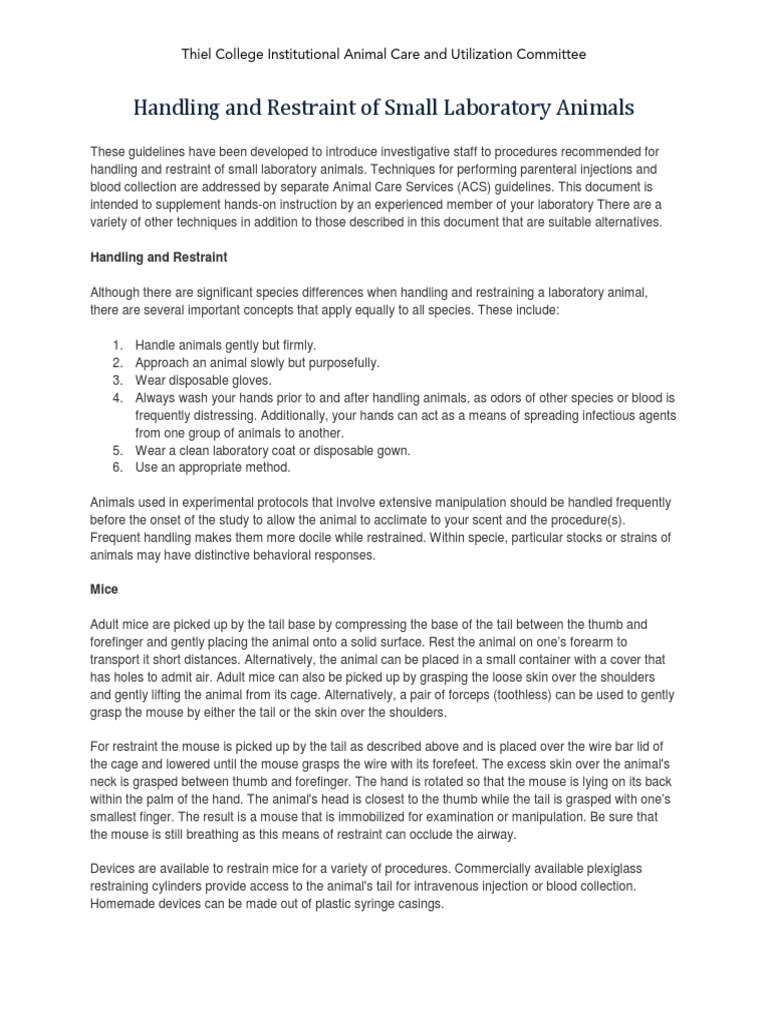 IACUC Handling and Restraint of Small Laboratory Animals PDF Mouse