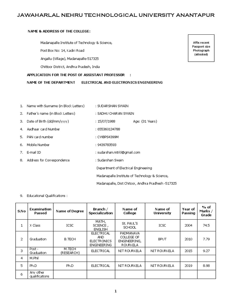 Assistant Professor Application Form | PDF | Vocational Education ...
