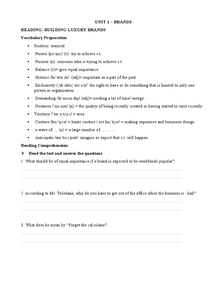Unit 1 Comprehension Answer Key | PDF