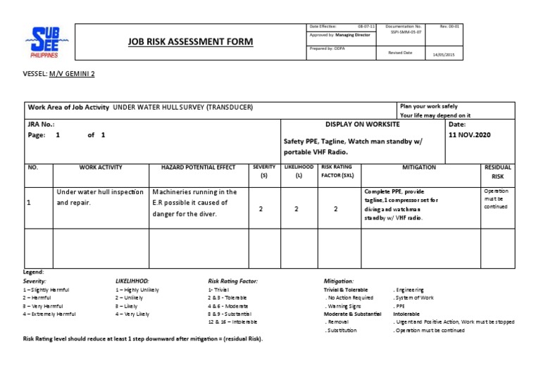 Job Risk Assessment Form Vessel M/V Gemini 2 PDF Underwater Diving Risk Assessment