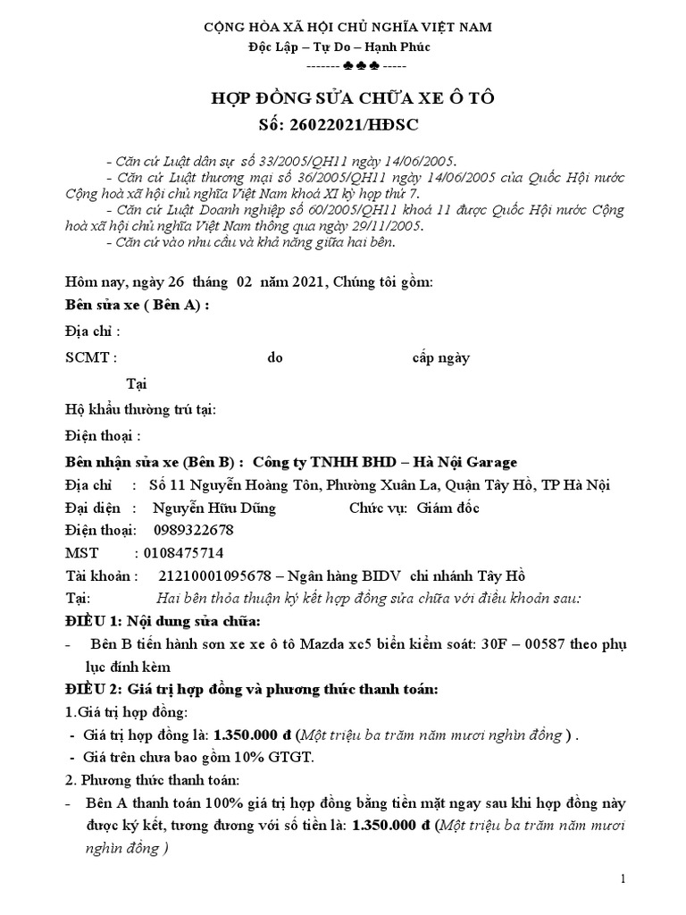 Hợp Đồng Sửa Chữa Xe Ô Tô Số: 26022021/Hđsc | Pdf