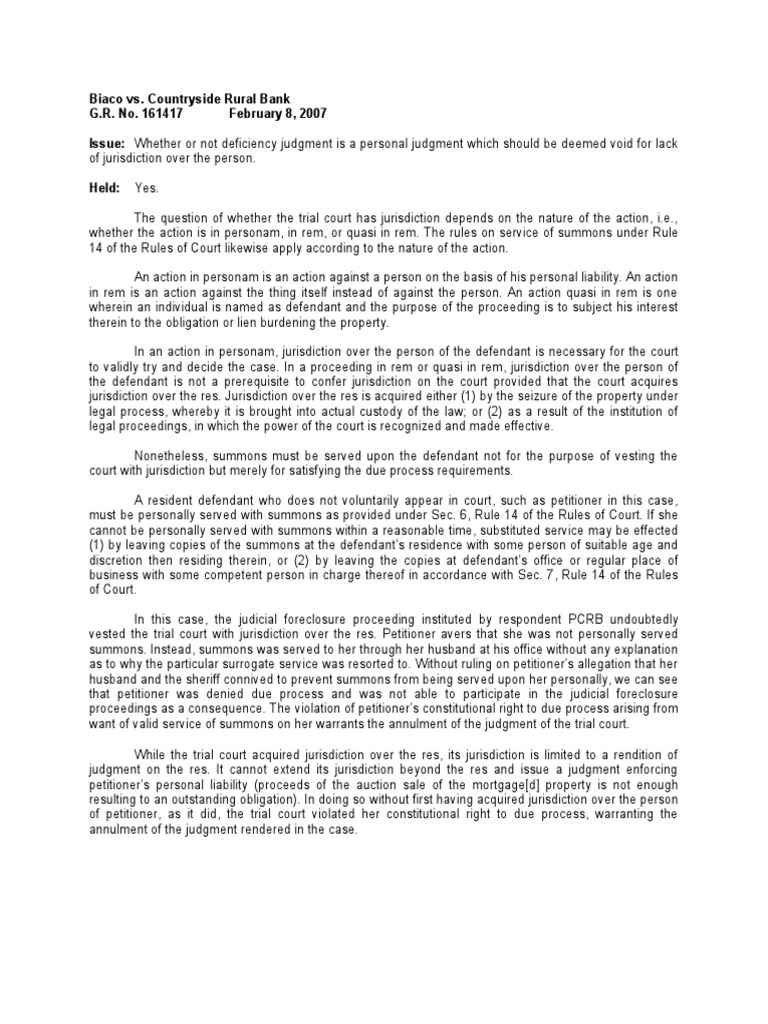 Deficiency Judgment and Jurisdiction Issues | PDF | Jurisdiction | Summons