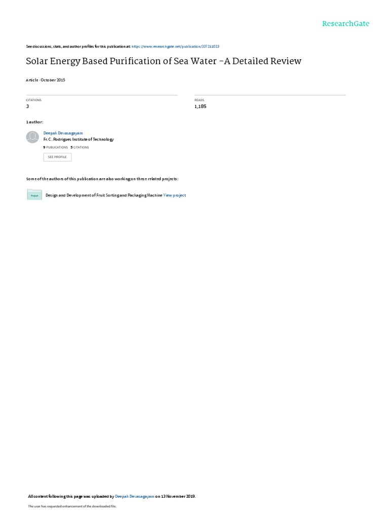 Solar Energy Based Purification of Sea Water A Detailed Review PDF