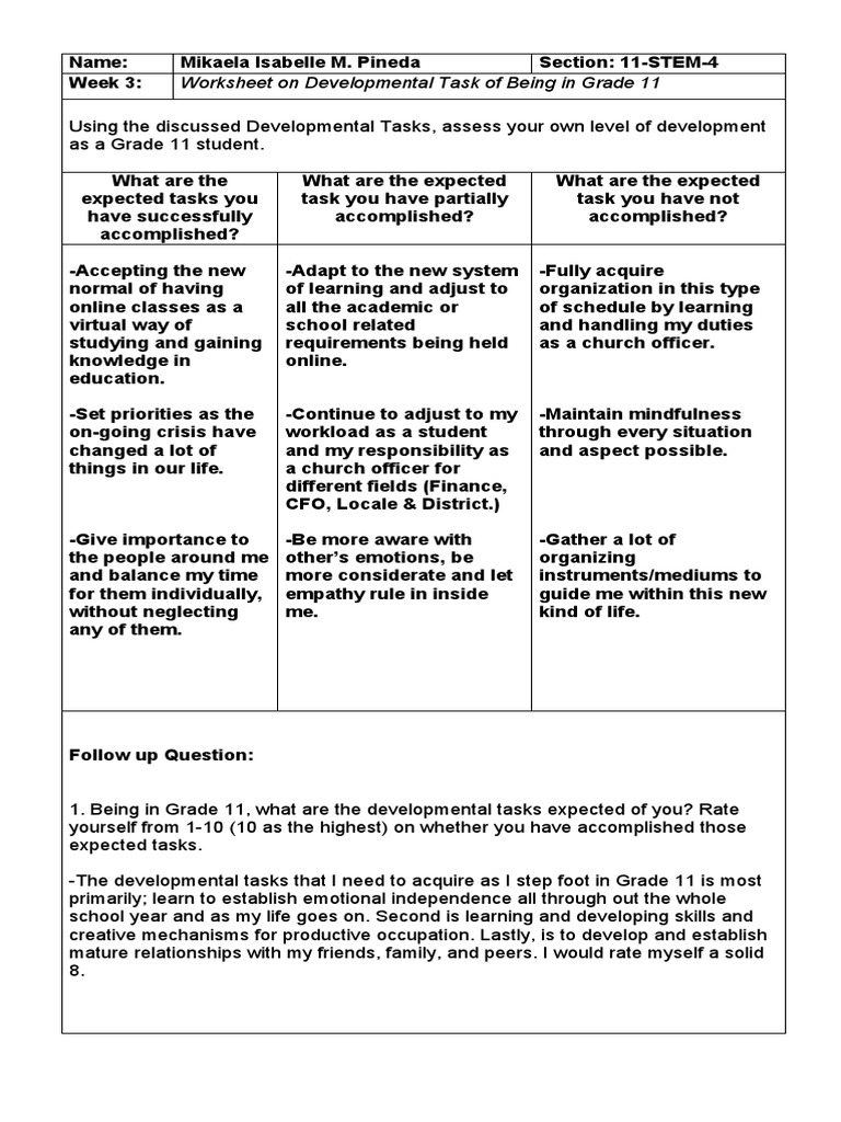 Grade 11 Developmental Task Assessment | PDF | Adolescence ...