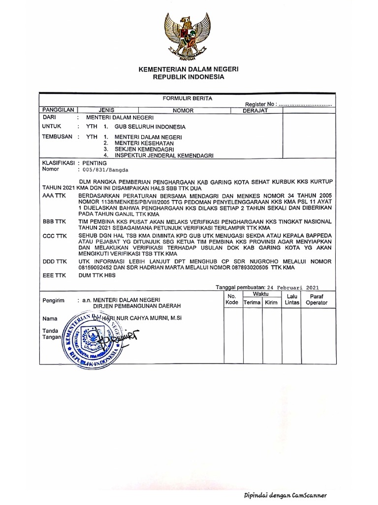 Surat Mendagri Tentang Verifikasi KKS 2021 | PDF