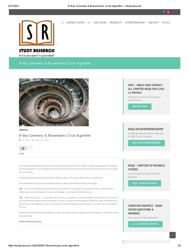 8-Way Symmetry & Bresenham's Circle Algorithm Studyresearch | PDF ...