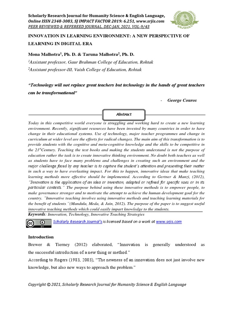 Innovation in Learning Environment: A New Perspective of Learning in ...