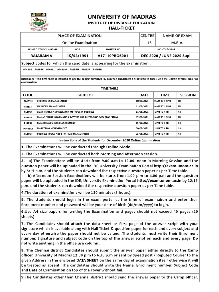 University of Madras: Hall-Ticket | PDF