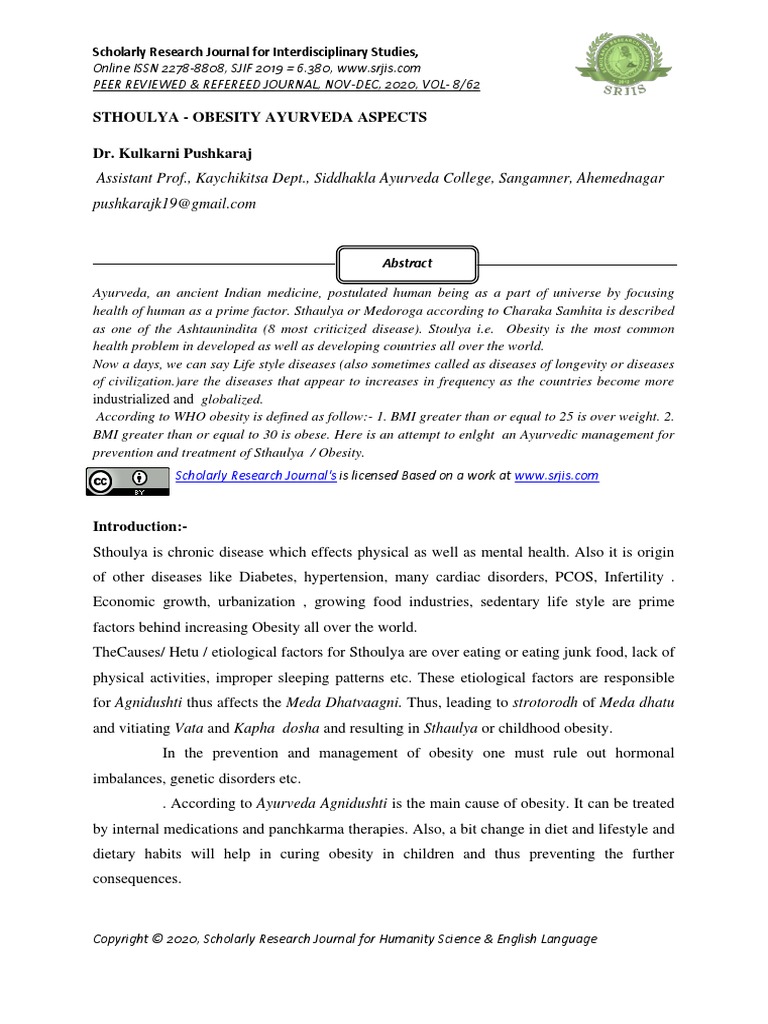 Sthoulya Obesity Ayurveda Aspects Pdf Ayurveda Obesity