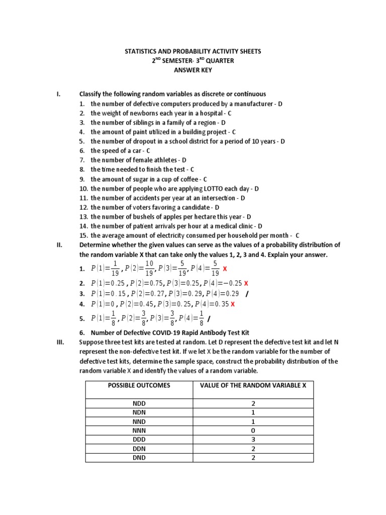 Statistics and Probability Activity Sheet Answer Key | PDF | Random ...