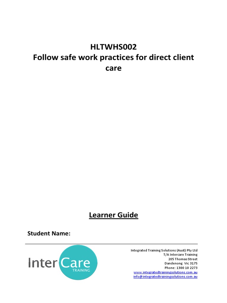 HLTWHS002 Follow Safe Work Practices For Direct Client Care Learner