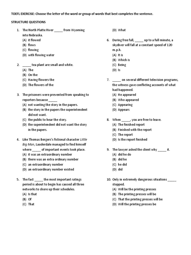 TOEFL Structure and Expression Exercises | PDF | Nature