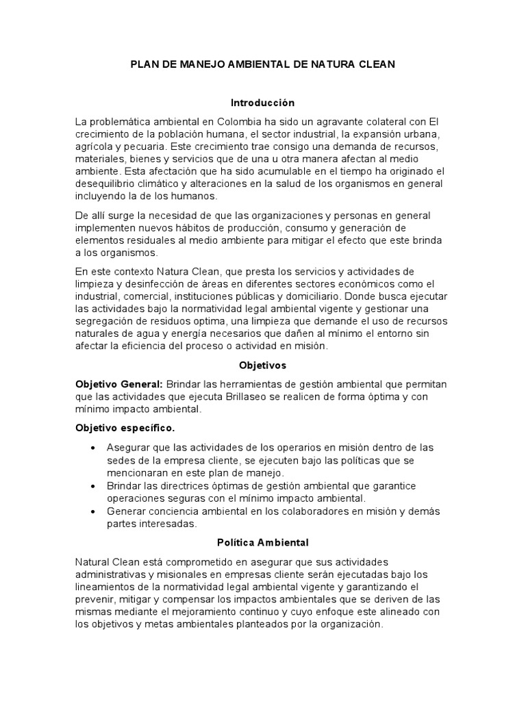 Plan de Manejo Ambiental de Natura Clean | PDF | Entorno natural | Residuos