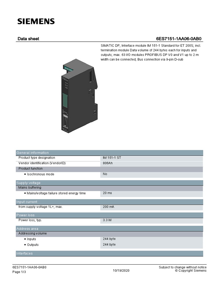 Data Sheet 6ES7151-1AA06-0AB0: General Information | PDF | Computer ...
