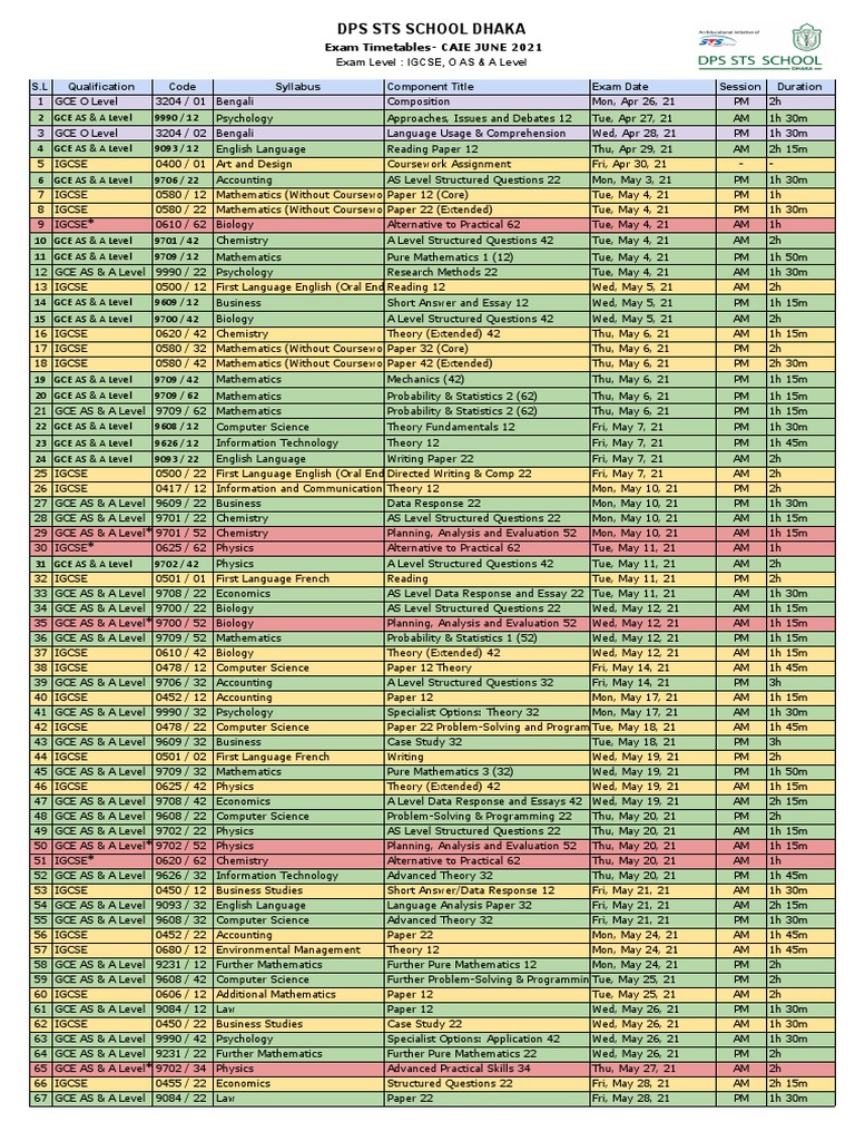DPS STS Dhaka Exam Timetable 2021 | PDF | Computer Science | Teaching ...