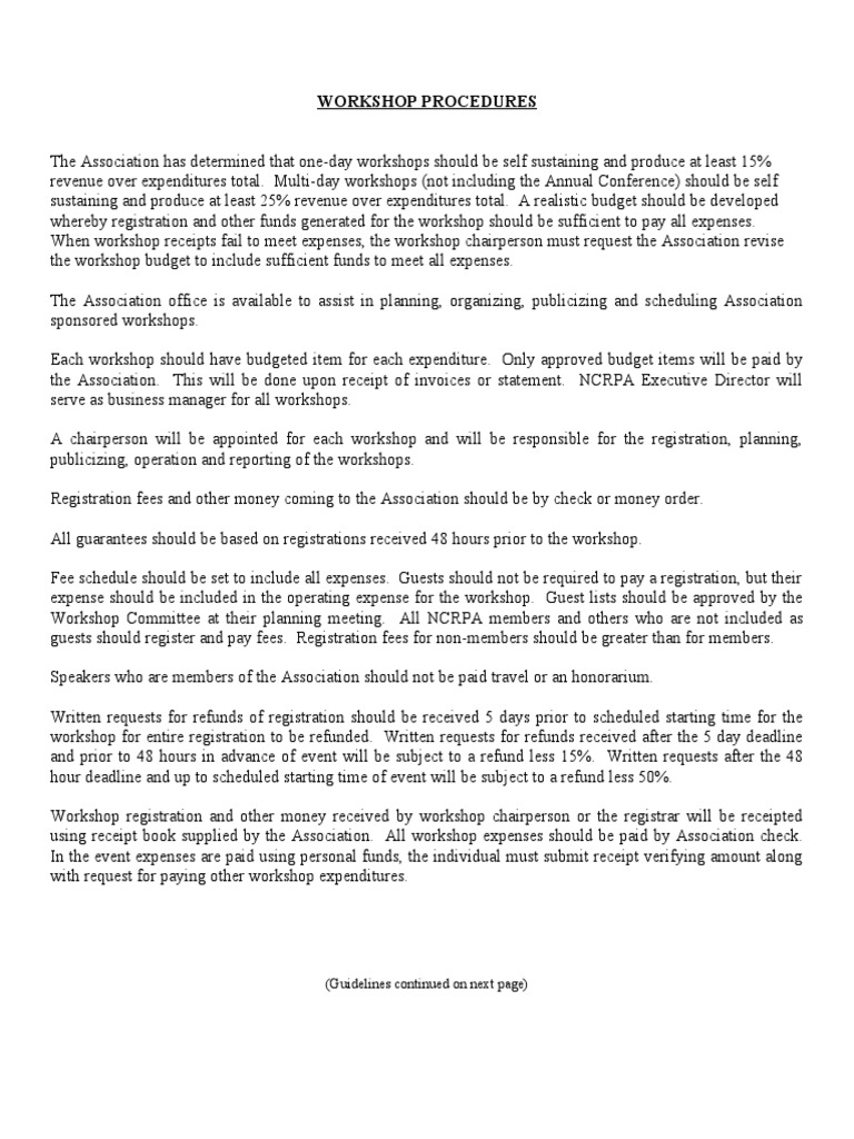 Workshop Procedures: (Guidelines Continued On Next Page) | PDF ...