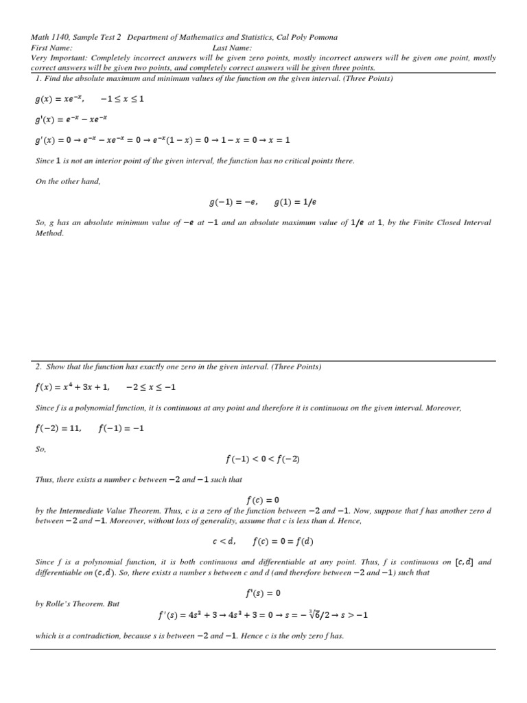 Math 1140 Sample Test 2 Overview | PDF | Maxima And Minima | Function ...