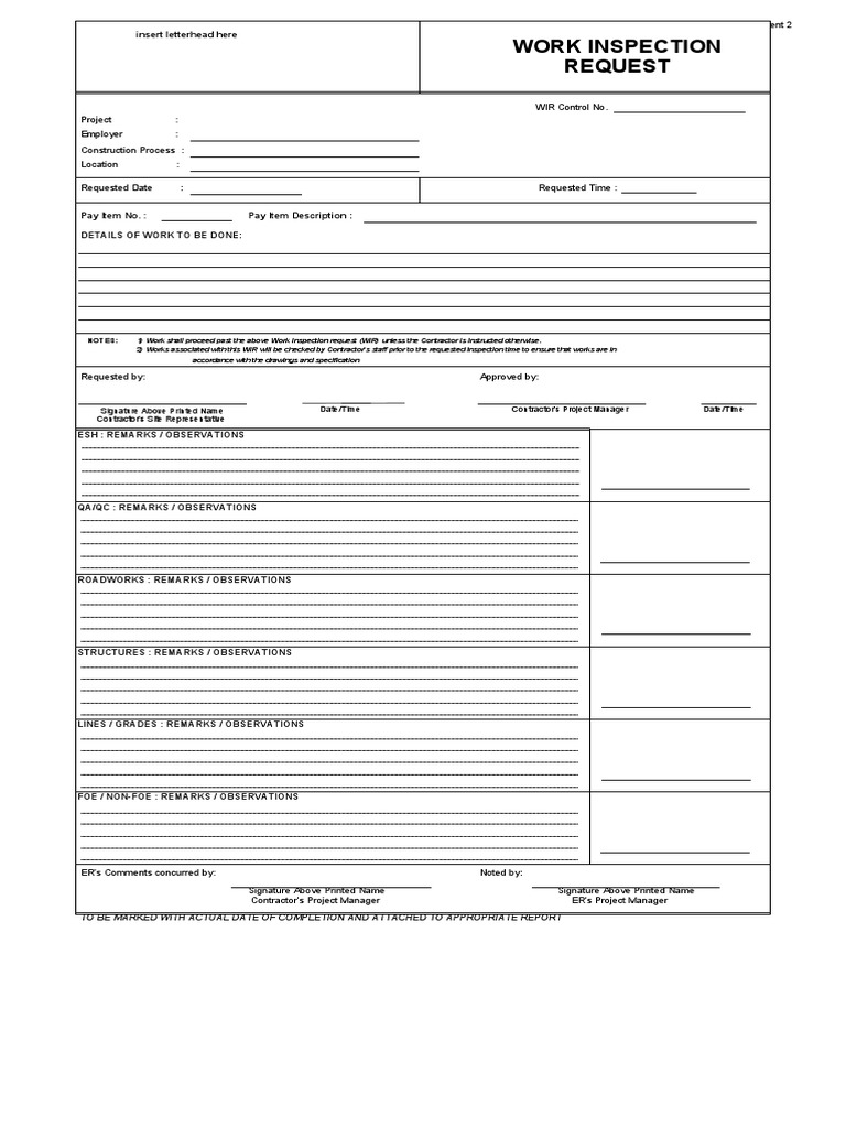 Work Inspection Request Form Template | PDF