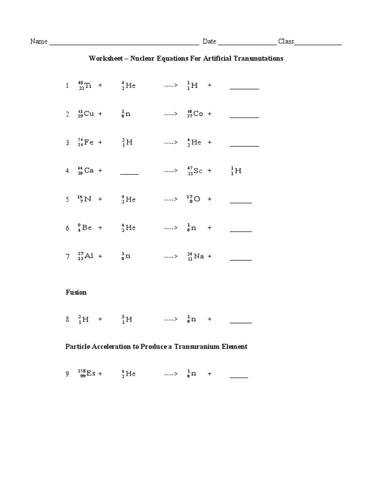 Nuclear Equations For Artificial Transmutations Worksheet  PDF Intended For Nuclear Equations Worksheet Answers