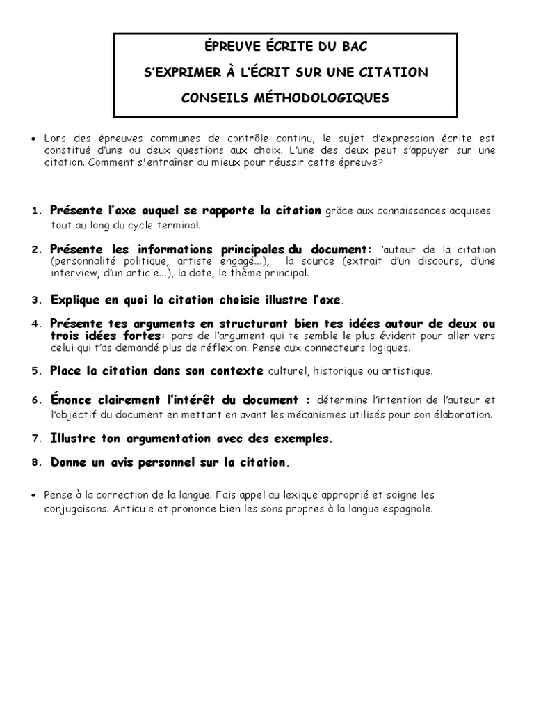 Expression Ecrite Sur Une Citation Bac Espagnol Methodologie Pdf Science Science Et Technologie