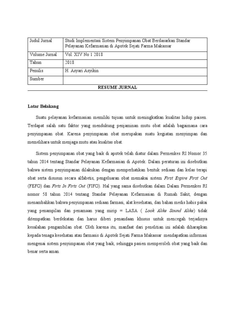 Studi Implementasi Sistem Penyimpanan Obat Berdasarkan Standar