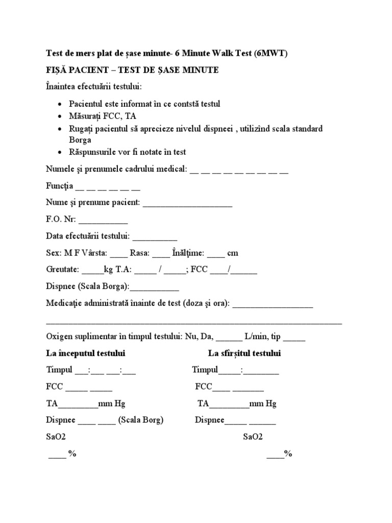 Test de Mers Plat de Șase Minute 6 Minute Walk Test (6MWT) | PDF