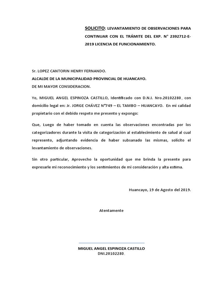 SOLICITUD LEVANTAMIENTO DE OBSERVACIONES-hyo | PDF