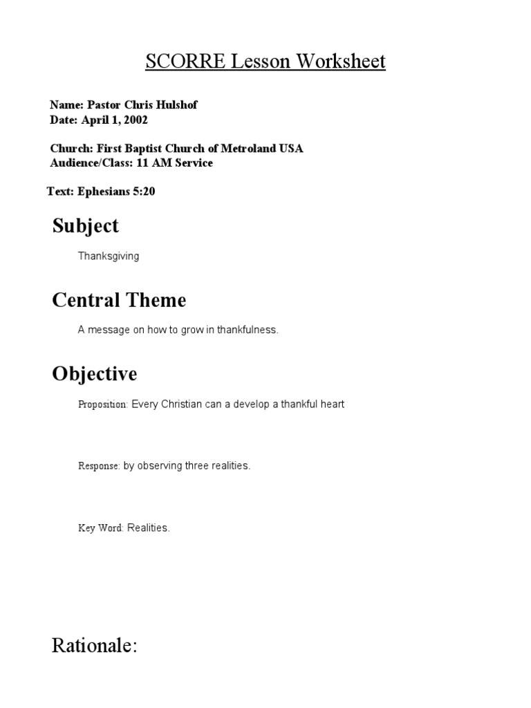 SCORRE Lesson Worksheet Template Complete - Example Two | PDF