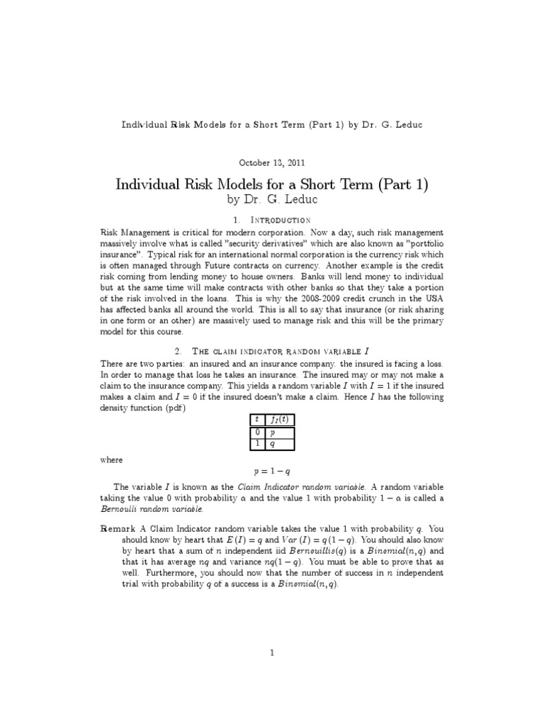 Individual Risk Models Explained | PDF | Expected Value | Variance