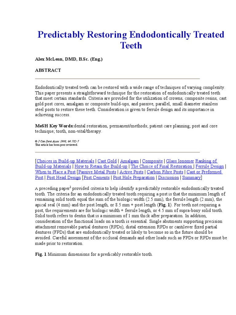 Restoration of Endodontically Treated Teeth2 | PDF | Dental Composite ...