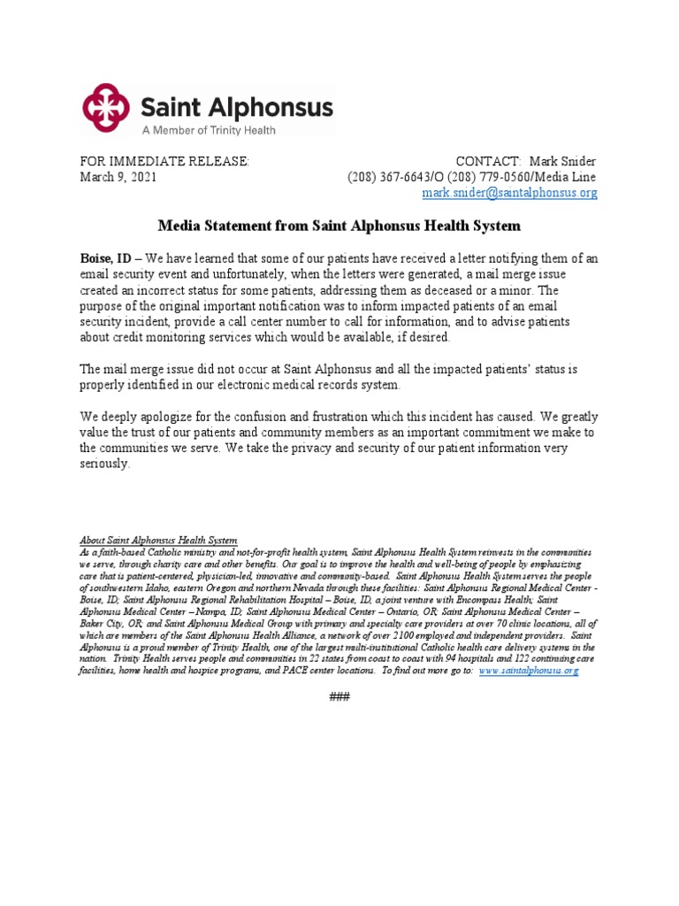 Saint Alphonsus Statement On Letters | PDF | Health System | Hospital