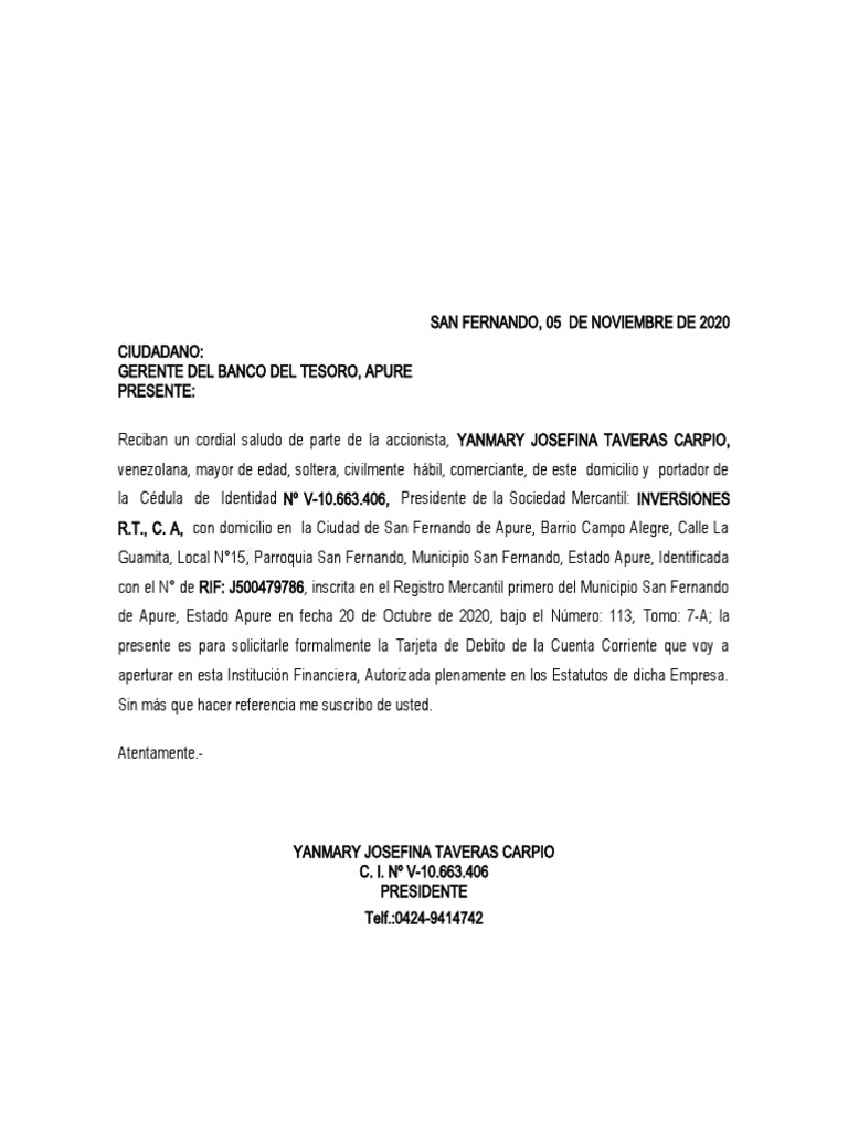 Carta Solicitud Tarjeta De Debito Banco Del Tesoro Pdf