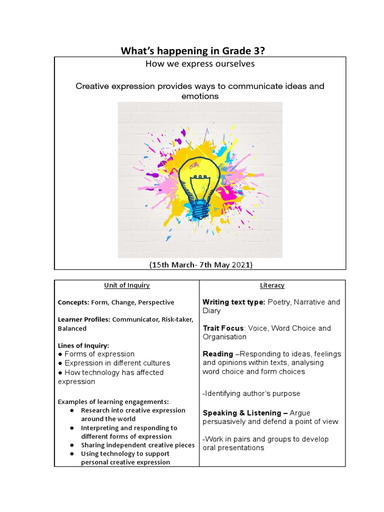 Grade 3 Creative Expression Unit | PDF | Narrative | Communication
