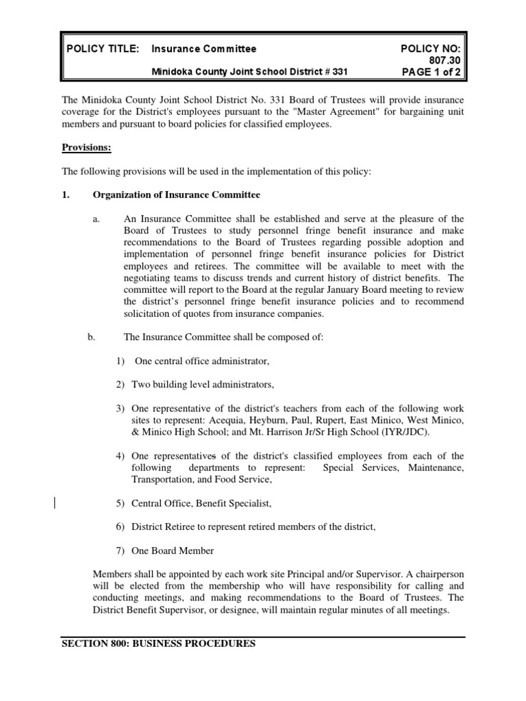 Minidoka County Insurance Committee Policy | PDF | Board Of Directors ...