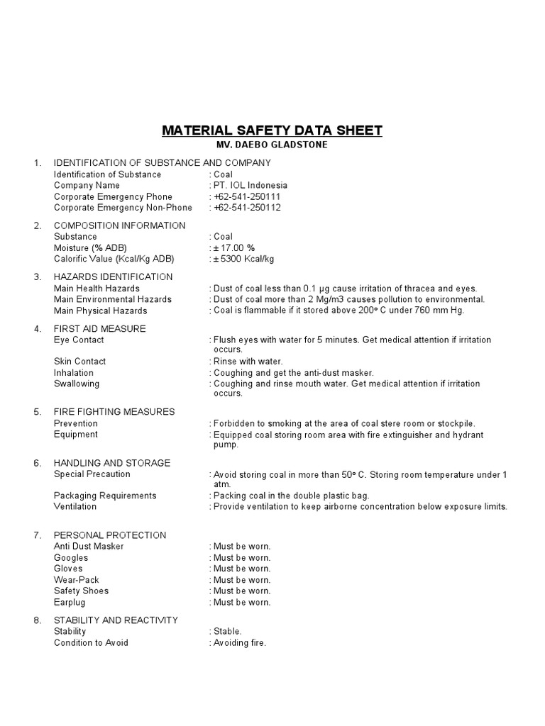 Coal Safety Data Sheet Hazards, Handling Instructions, and Personal